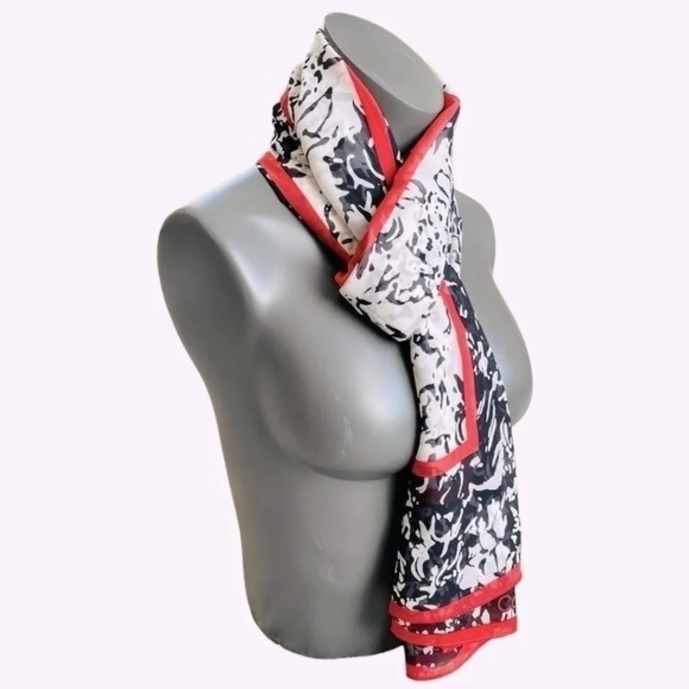 Calvin Klein Black White Red Floral Abstract Chiffon Scarf Wrap 72x28
